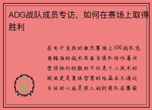 ADG战队成员专访，如何在赛场上取得胜利