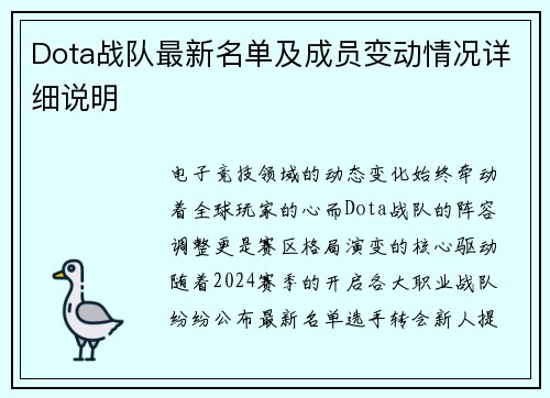 Dota战队最新名单及成员变动情况详细说明
