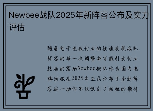 Newbee战队2025年新阵容公布及实力评估