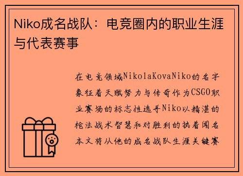 Niko成名战队：电竞圈内的职业生涯与代表赛事